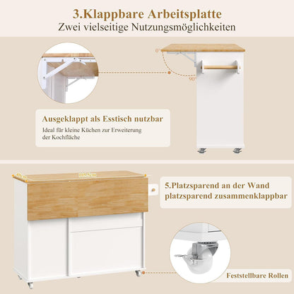 Kücheninsel mit Rollen & Klappbarer Arbeitsplatte – Weiß