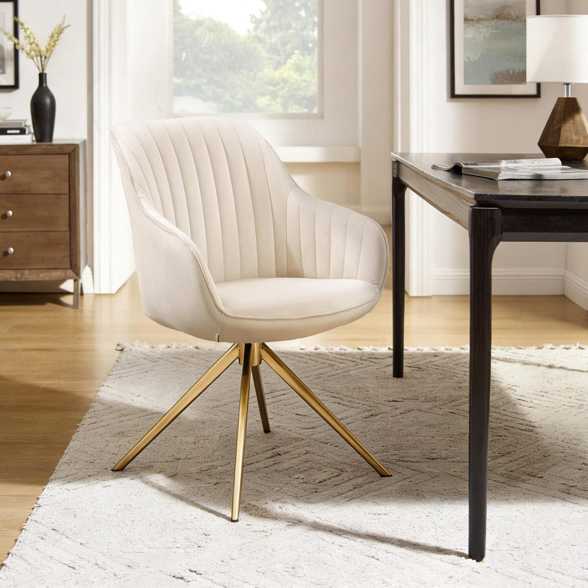 Drehstuhl Esszimmer Beige – Samt Sessel mit Armlehnen