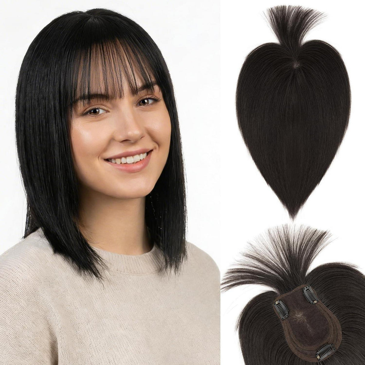Echthaar Topper mit Wispy Pony – Natürliches Schwarz