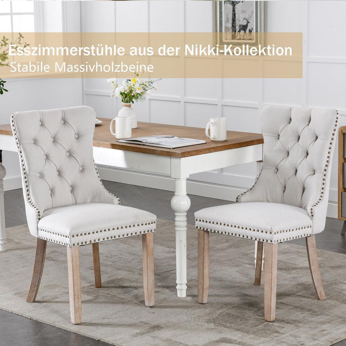 Gepolsterte Esszimmerstühle 6er Set, Beige Leinenstoff