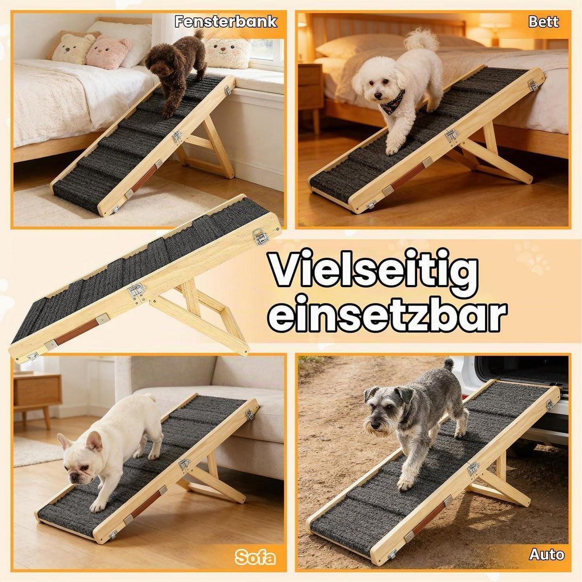 Klappbare Hunderampe Holz – Höhenverstellbar & Rutschfest