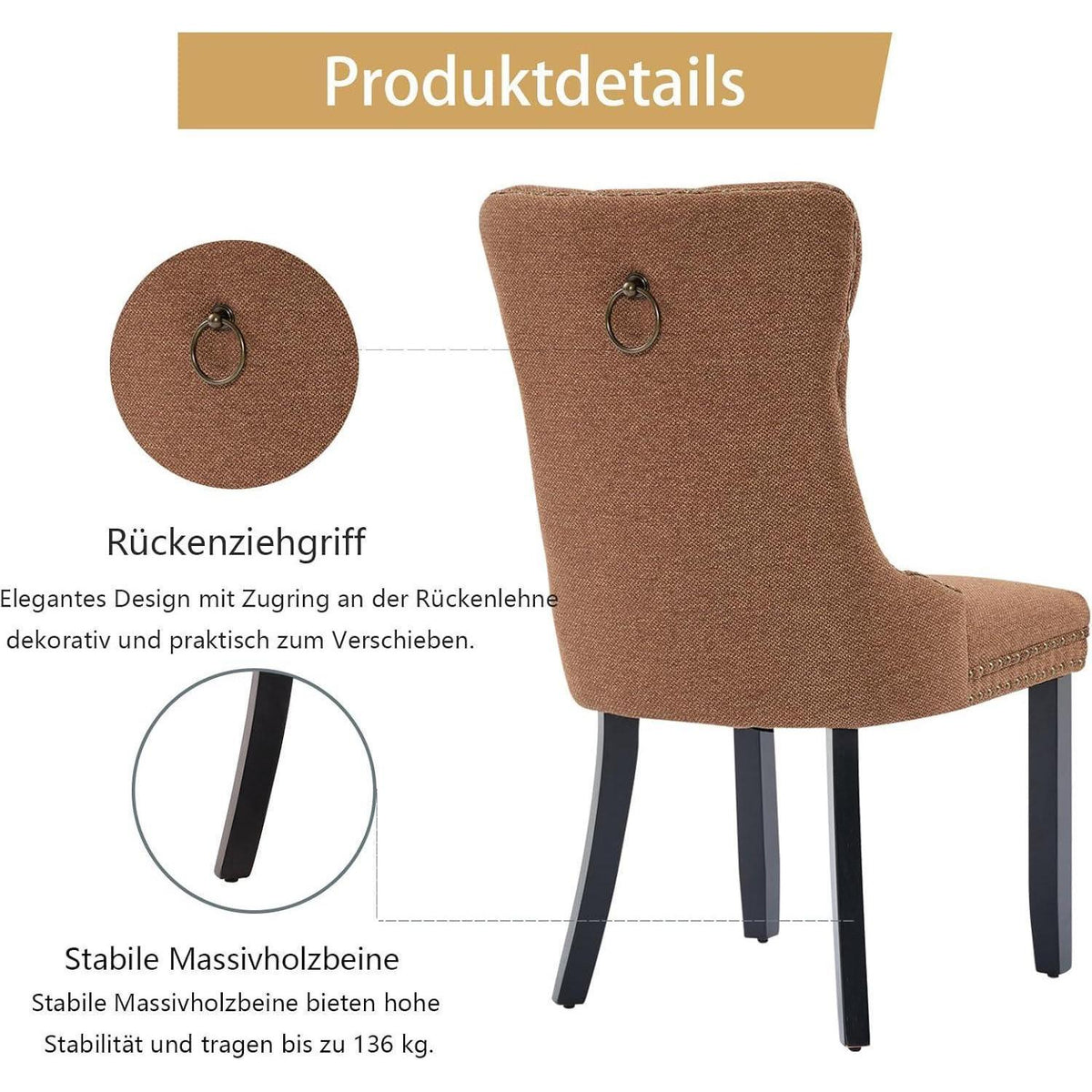 Gepolsterte Esszimmerstühle 6er Set, Braun, Leinenstoff
