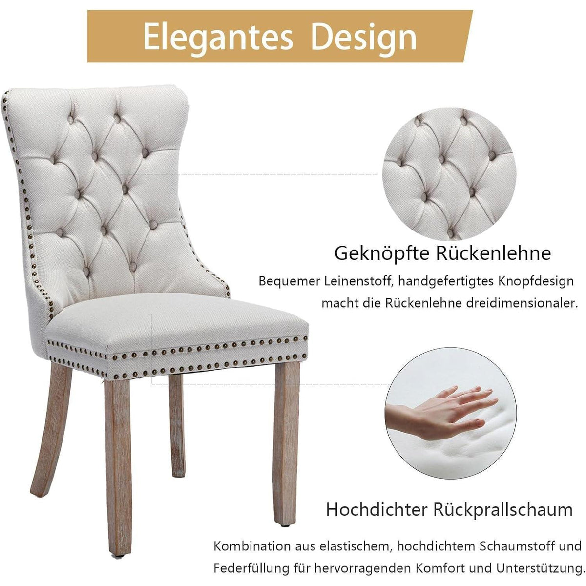 Gepolsterte Esszimmerstühle 8er Set, Beige Leinenstoff