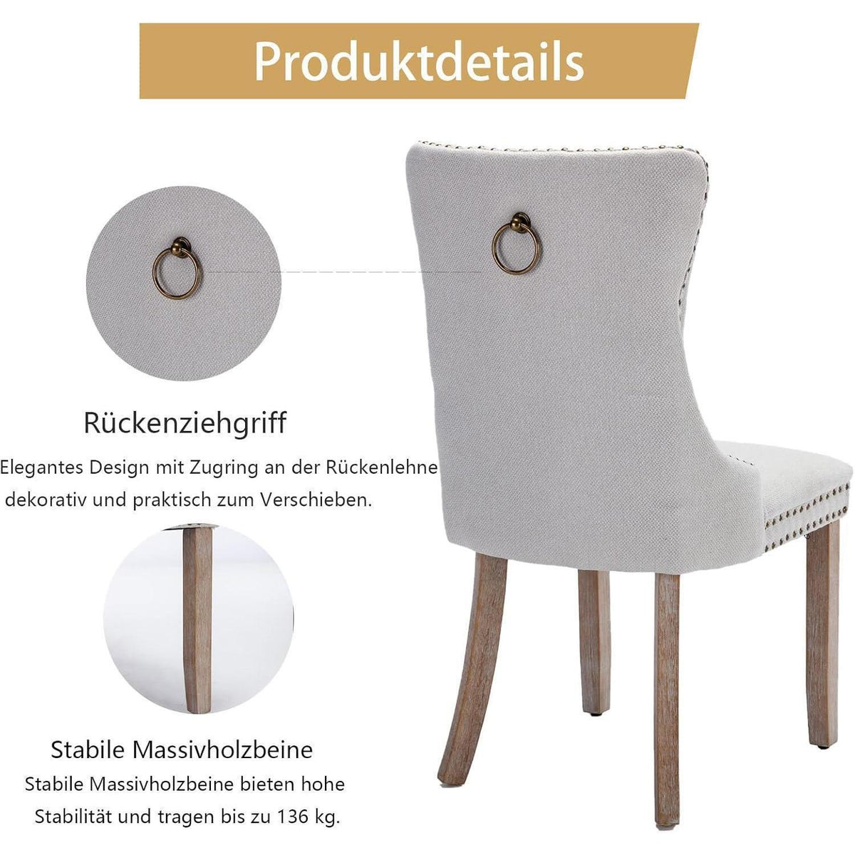 Gepolsterte Esszimmerstühle 8er Set, Beige Leinenstoff