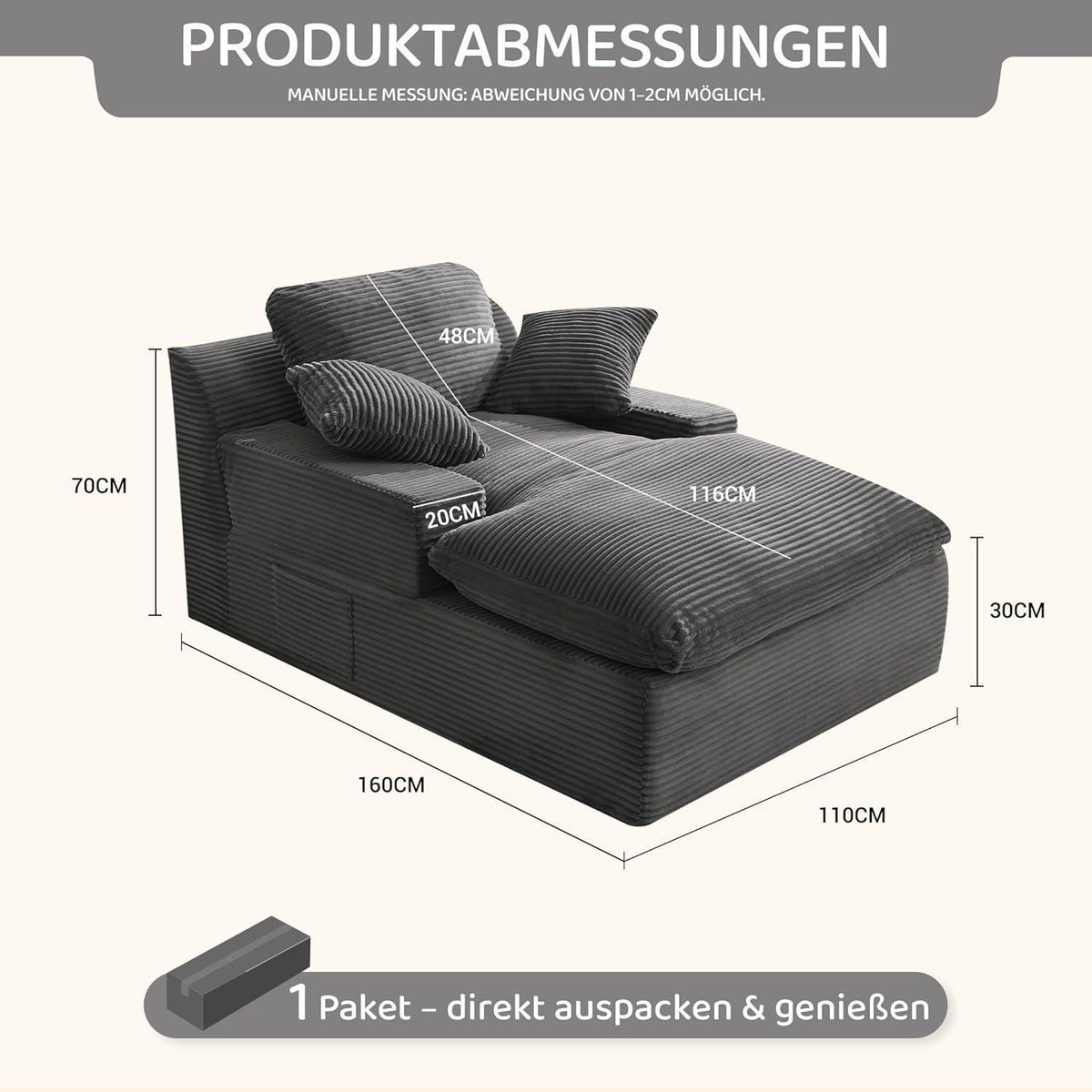 160cm Chaiselongue Sofa mit Schlaffunktion – Grau