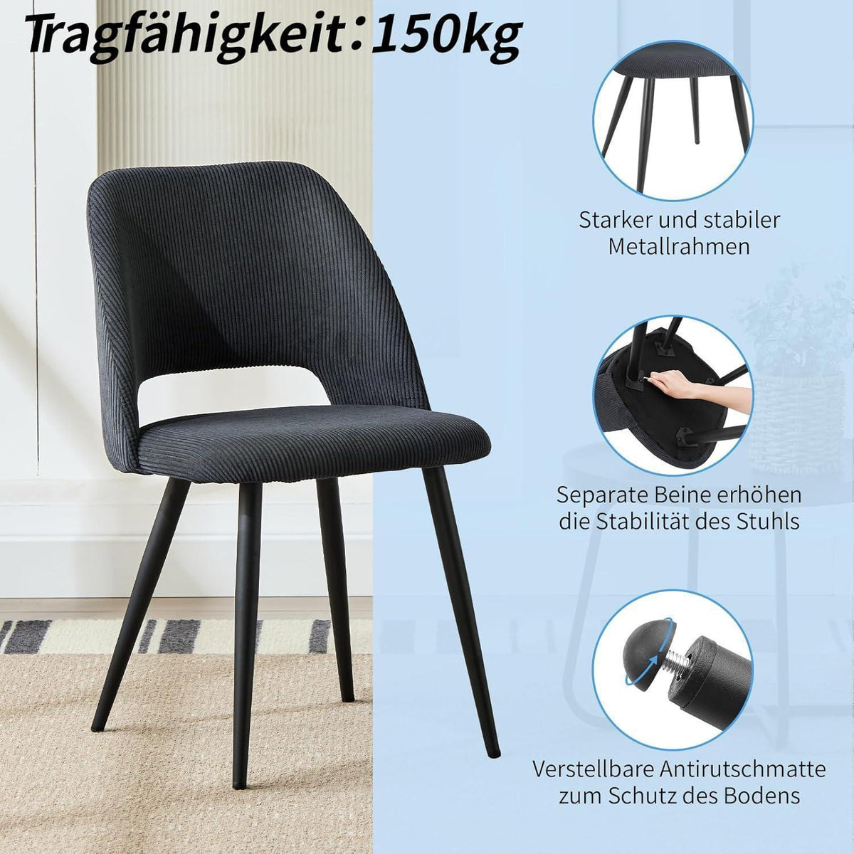 Esszimmerstühle Set 4 - Gepolsterte Samtstühle Schwarz