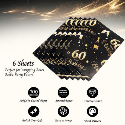 Geschenkpapier 60. Geburtstag Schwarz Gold 70x50 cm