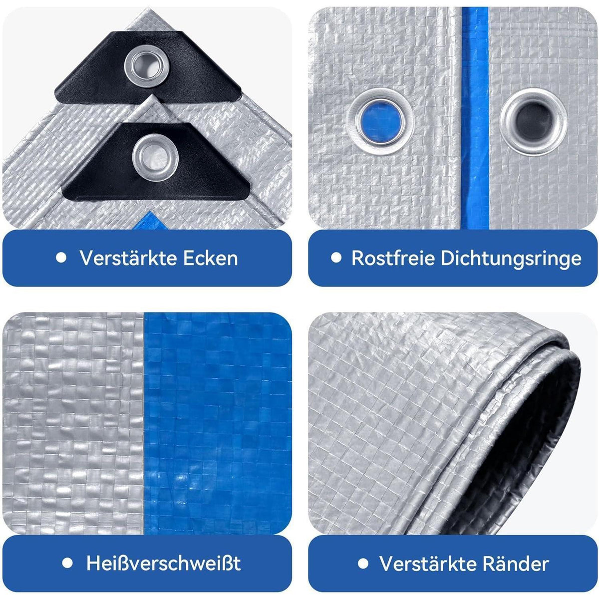 Wasserdichte Plane 8x10m – UV- & Reißfest, Silber/Blau