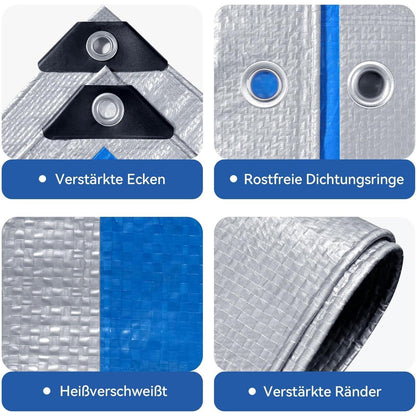 Wasserdichte Plane 8x10m – UV- & Reißfest, Silber/Blau