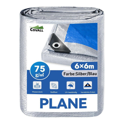 Wasserdichte Plane 6x6m – Silber/Blau, UV & Reißfest