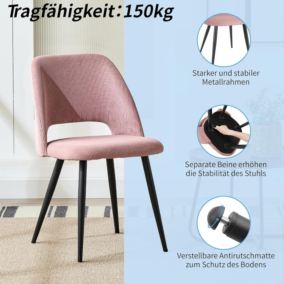 Esszimmerstühle Set 4er – Gepolsterte Samtstühle Rosa