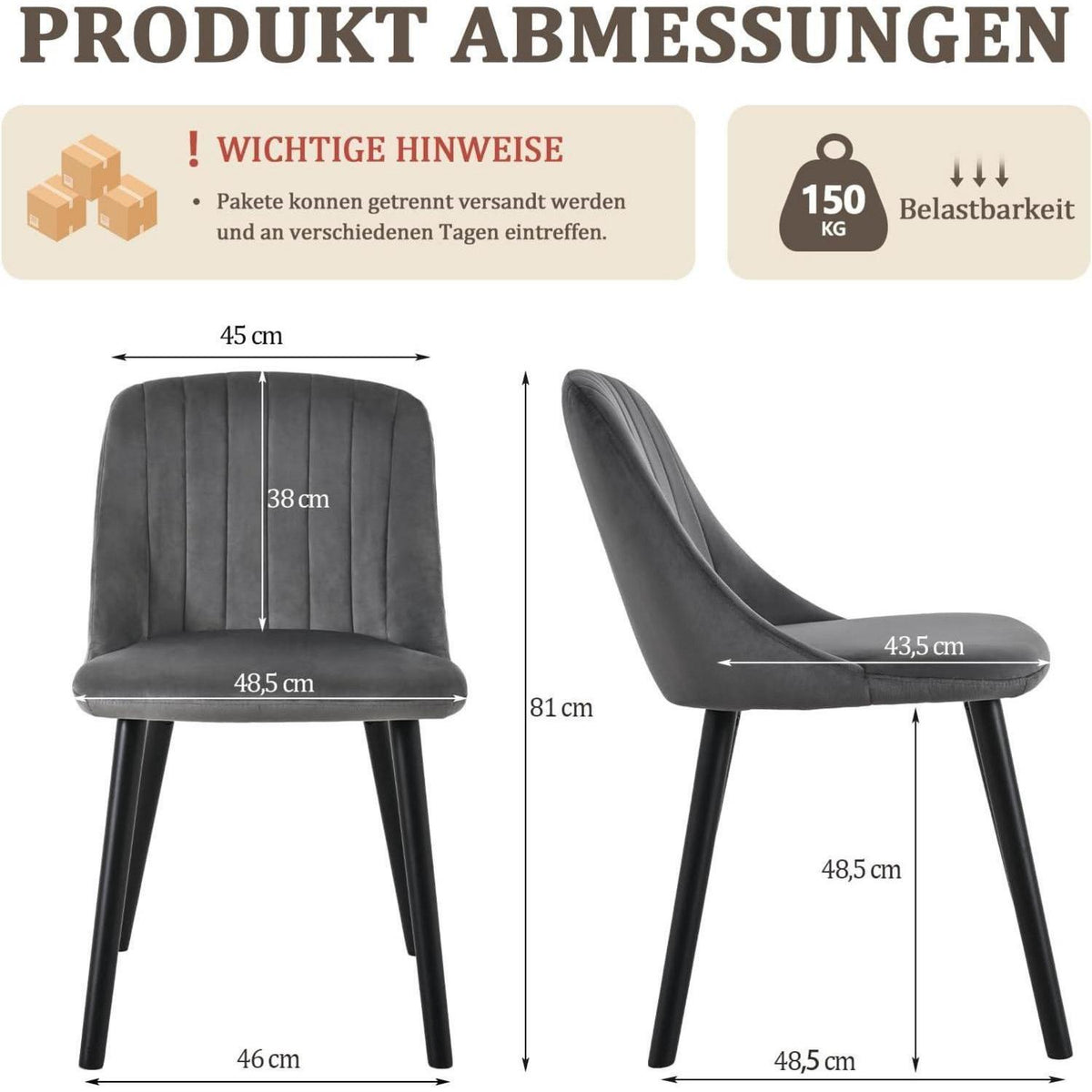 Esszimmerstühle Set 4er Schwarz/Dunkelgrau Samt Holzbeine