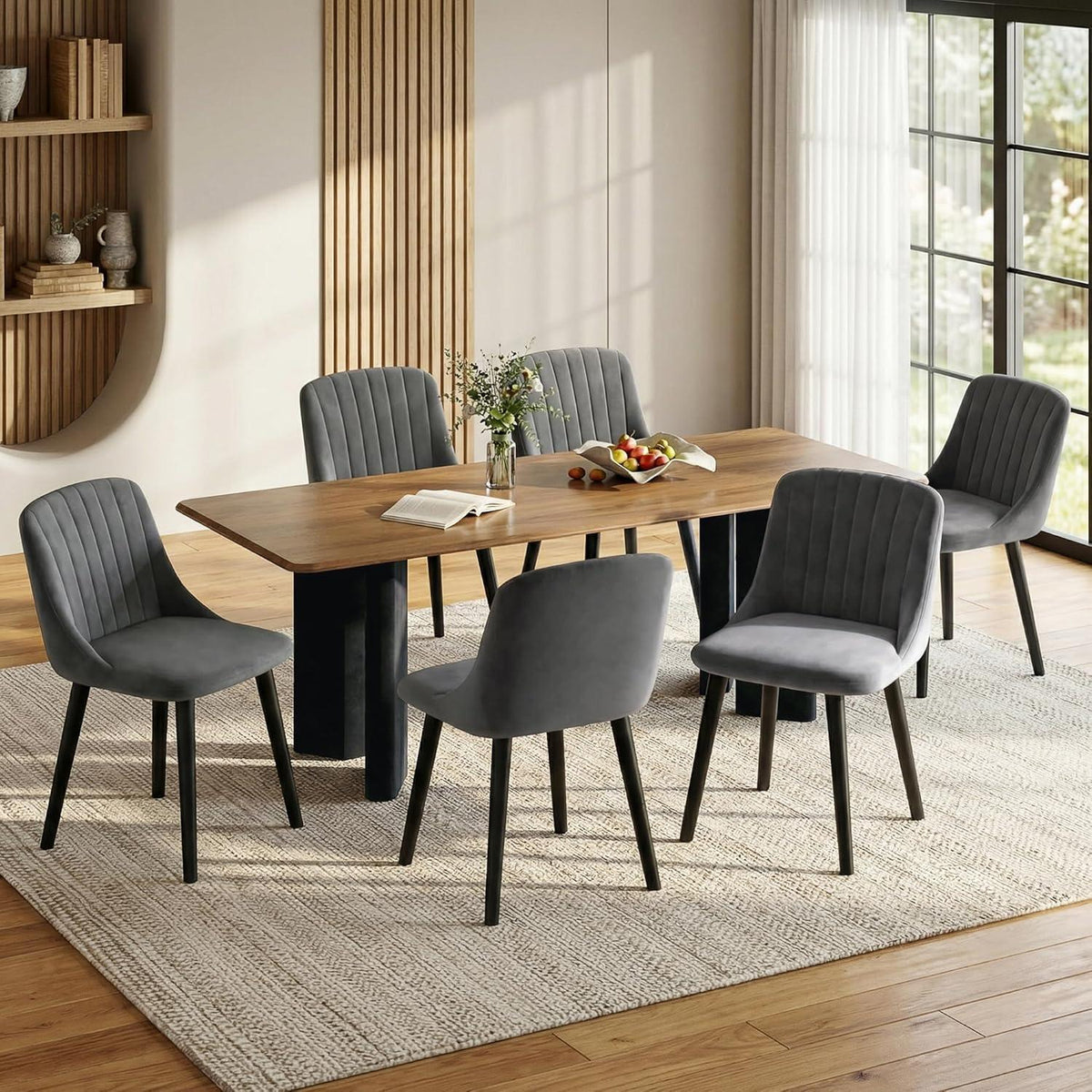 Esszimmerstuhl Set Dunkelgrau Samt | Holzbeine & Ergonomisch
