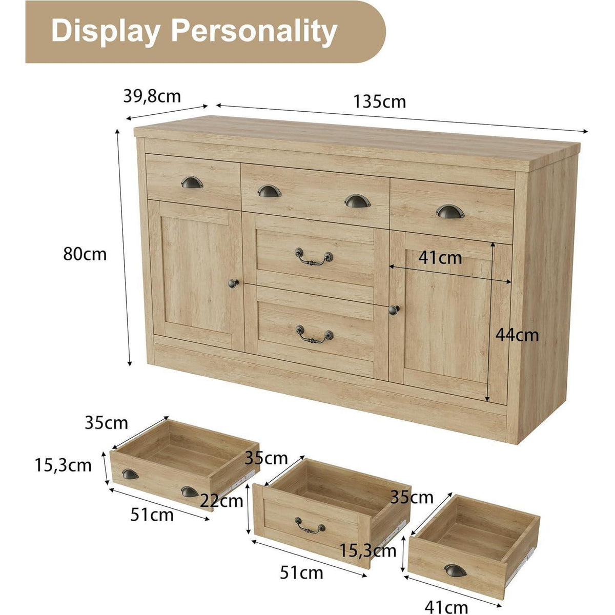 Holz Schubladenschrank mit 2 Türen & 5 Schubladen