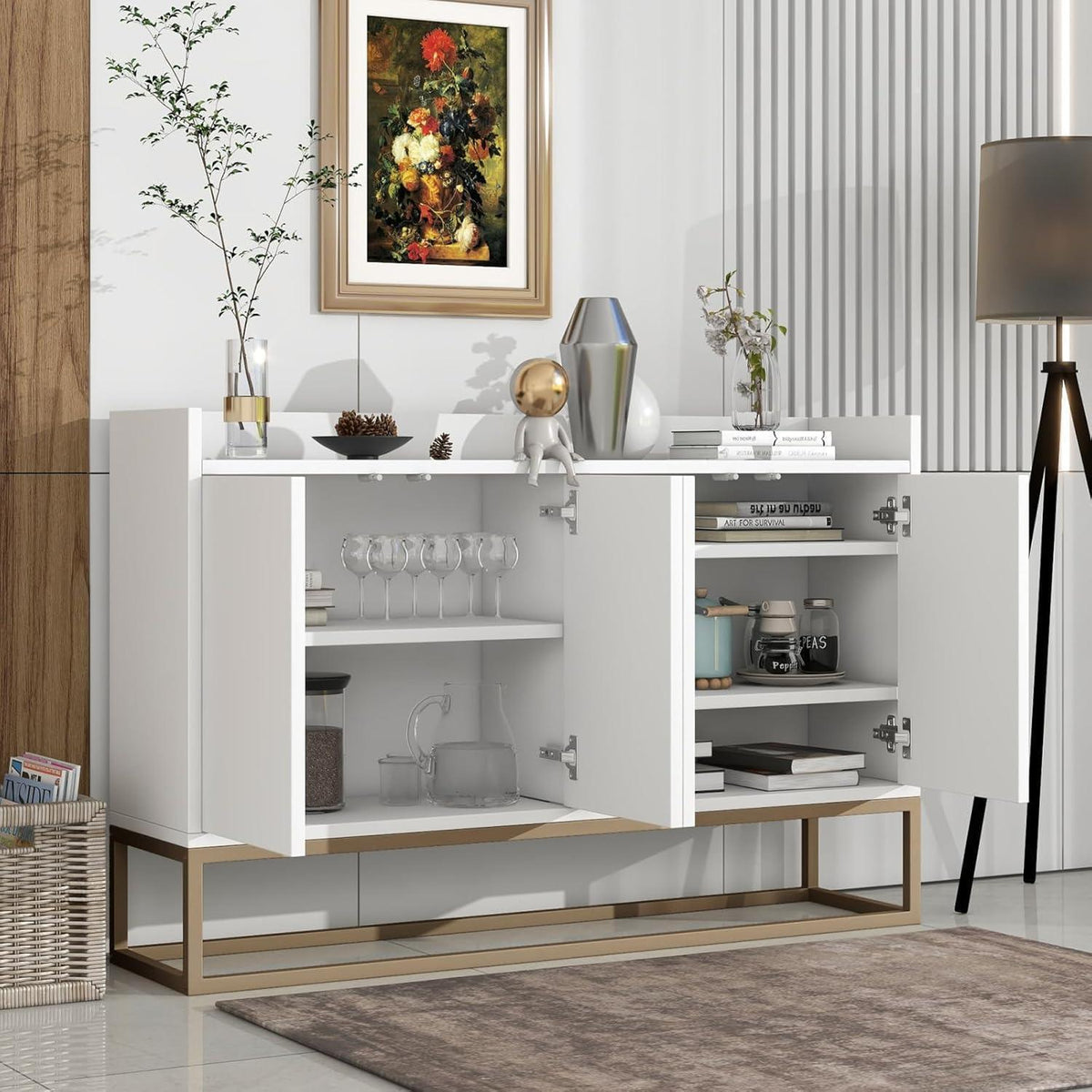 Schmaler Sideboard Weiß 120x30x80cm | Grifflos & Verstellbar