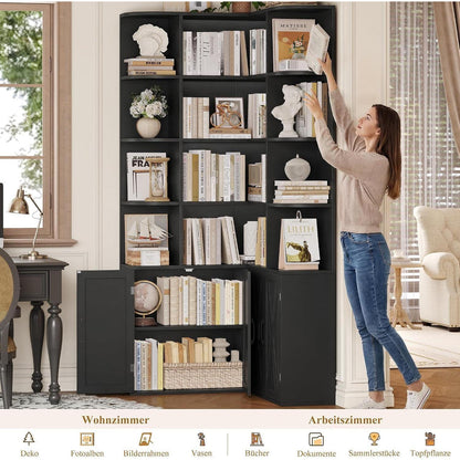 Eckregal 187cm mit Türen & 12 Fächern – L-förmiger Bücherschrank