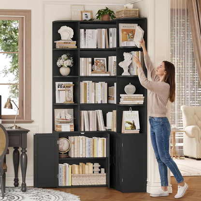 Eckregal 187cm mit Türen & 12 Fächern – L-förmiger Bücherschrank