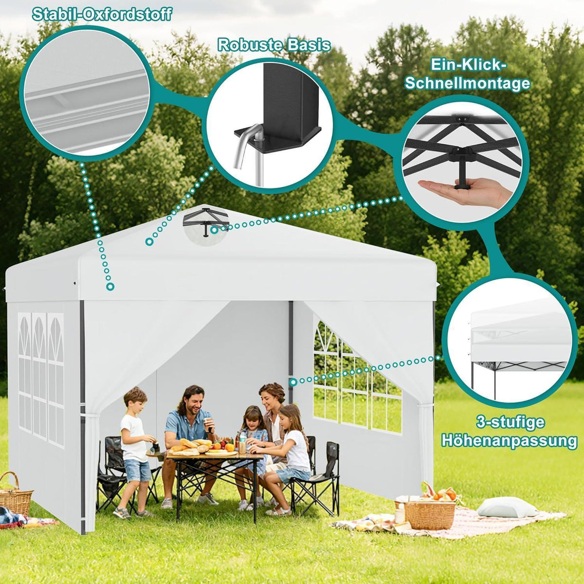 3x3m Pop-Up Pavillon mit Seitenwänden & One-Touch Lift