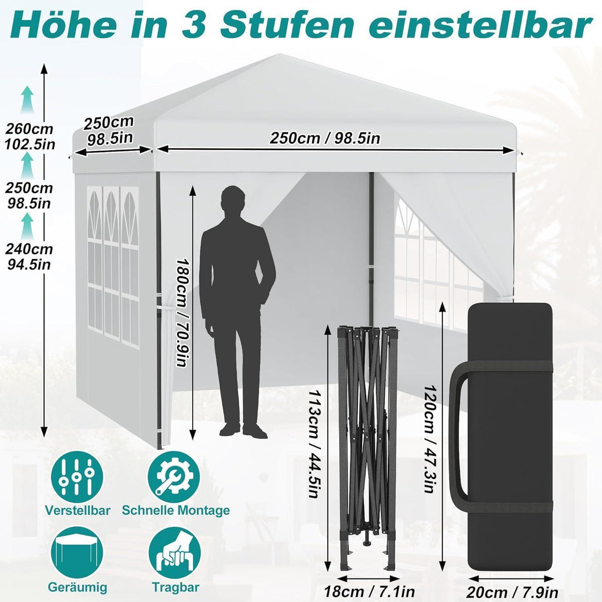 Pop-Up Pavillon 2,5x2,5m mit Seitenwänden & One-Touch Lift