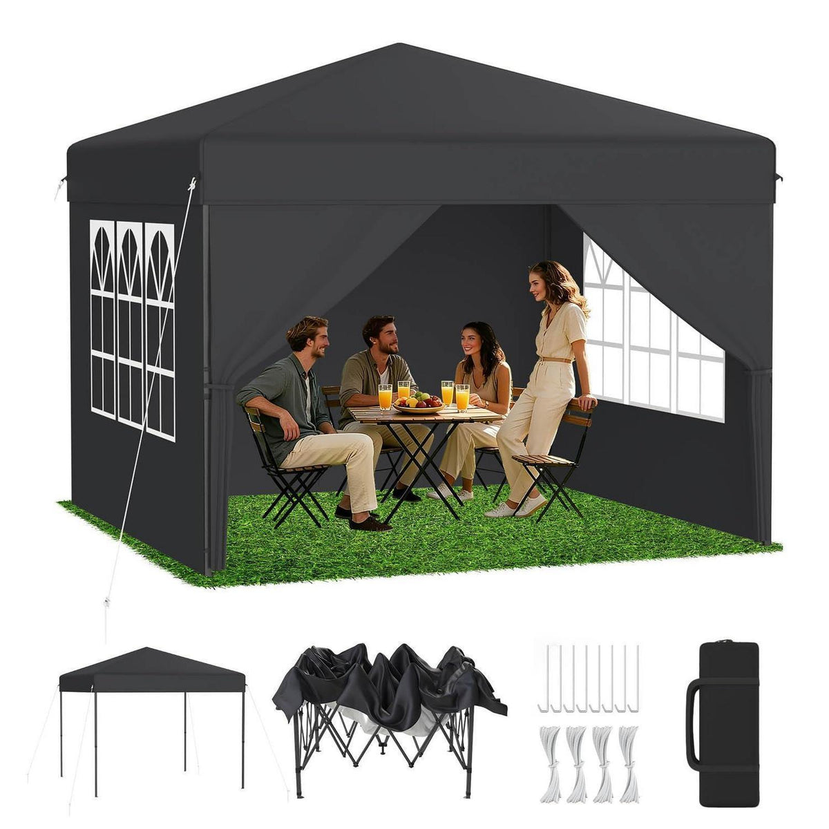 3x3m Pop-Up Pavillon mit Seitenwänden & One-Touch Lift