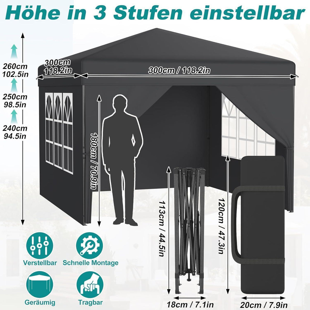 3x3m Pop-Up Pavillon mit Seitenwänden & One-Touch Lift