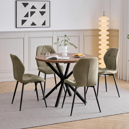 Runder Esstisch Set 100cm & 4 Moderne Leinenstühle Dunkelgrün