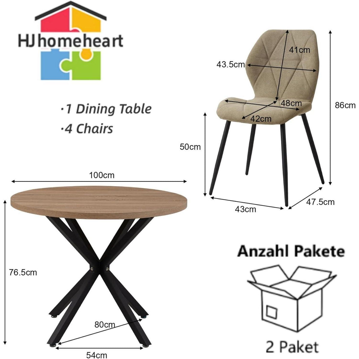 Runder Esstisch Set 100cm & 4 Moderne Leinenstühle Dunkelgrün