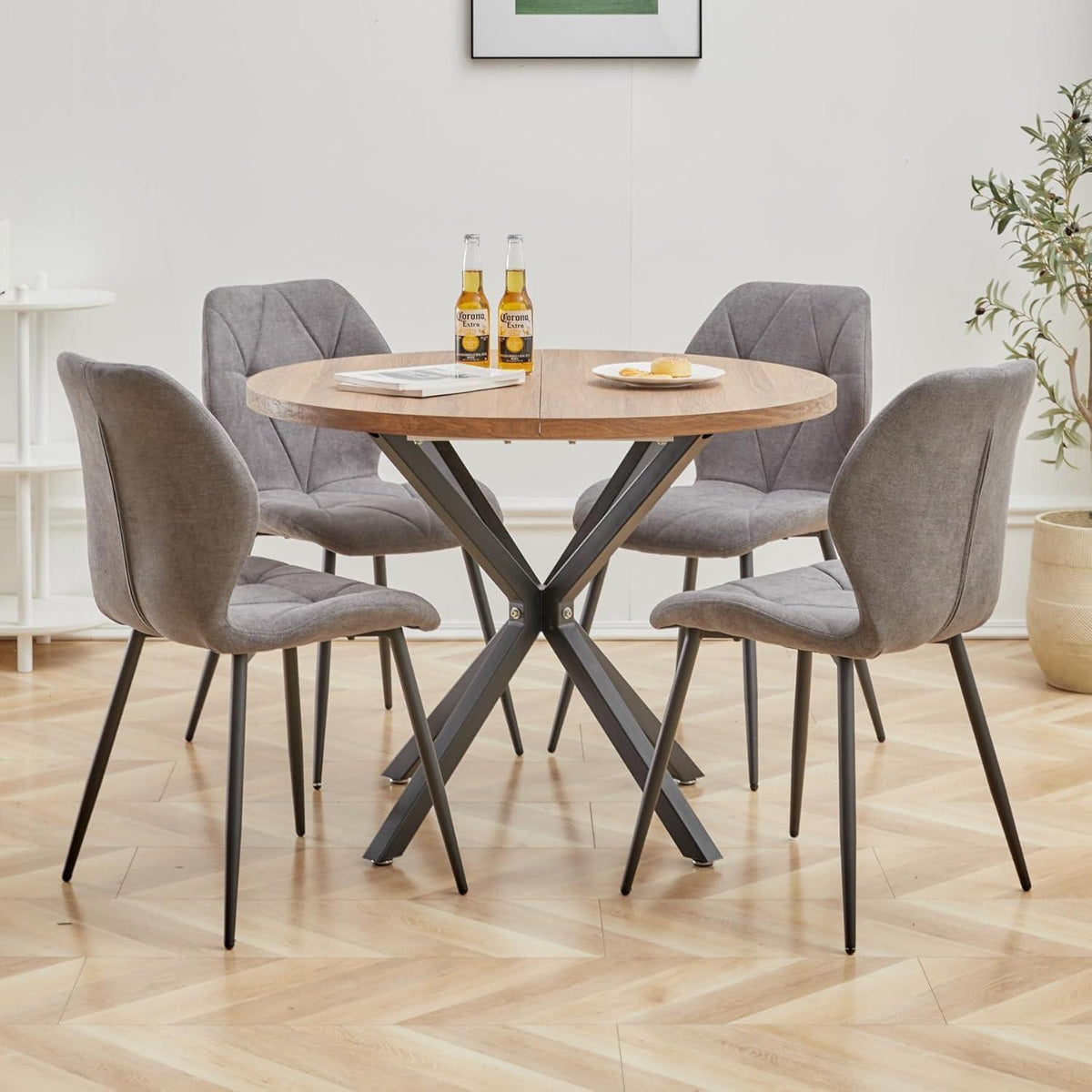 Runder Esstisch Set 100cm & 4 Moderne Leinenstühle Dunkelgrau