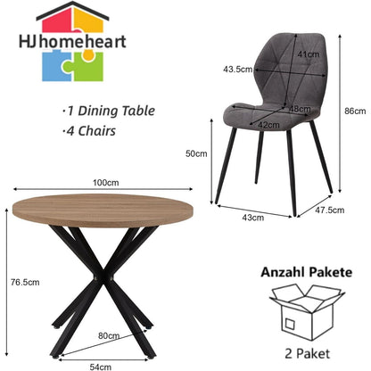 Runder Esstisch Set 100cm & 4 Moderne Leinenstühle Dunkelgrau
