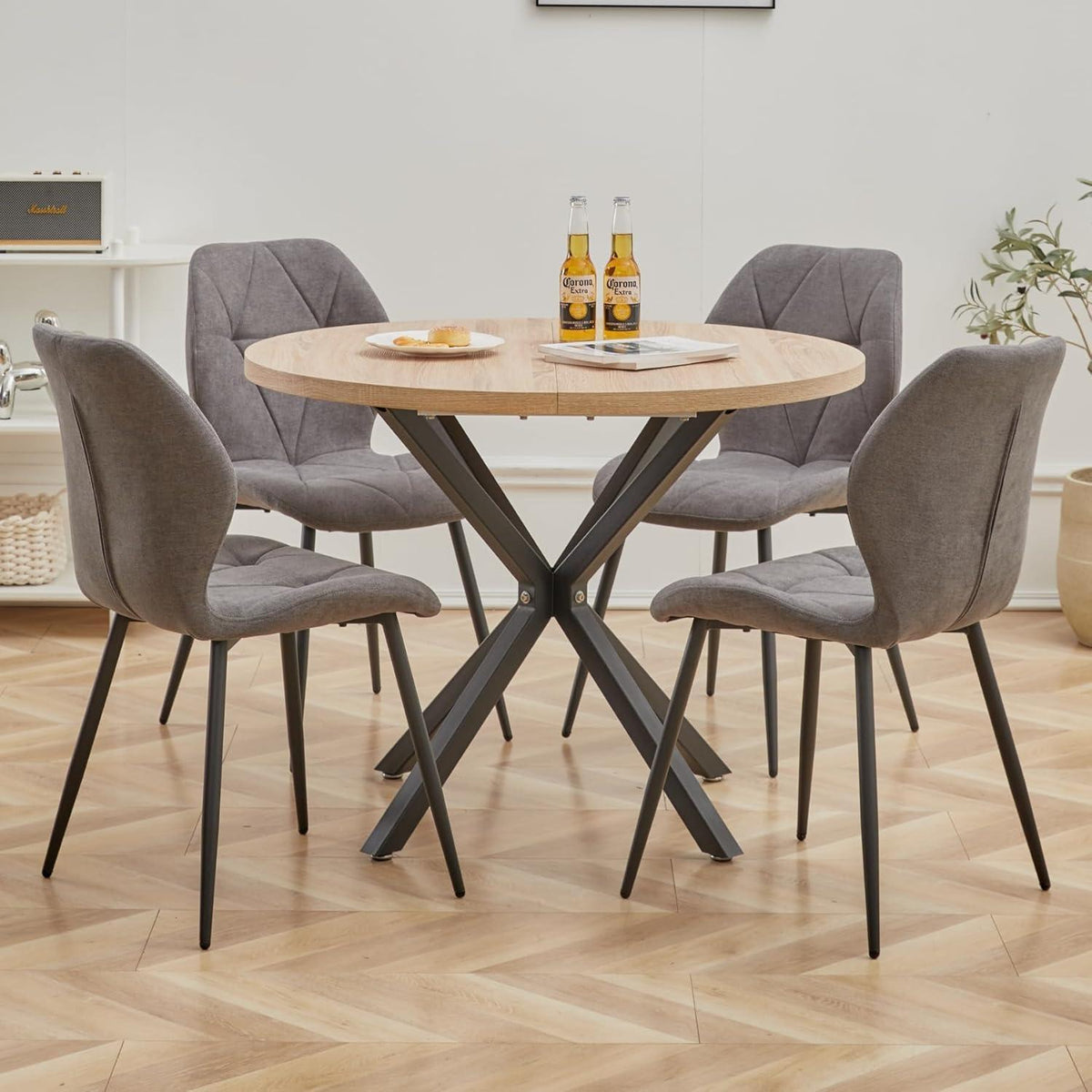 Runder Esstisch Set 100cm mit 4 modernen Leinenstühlen
