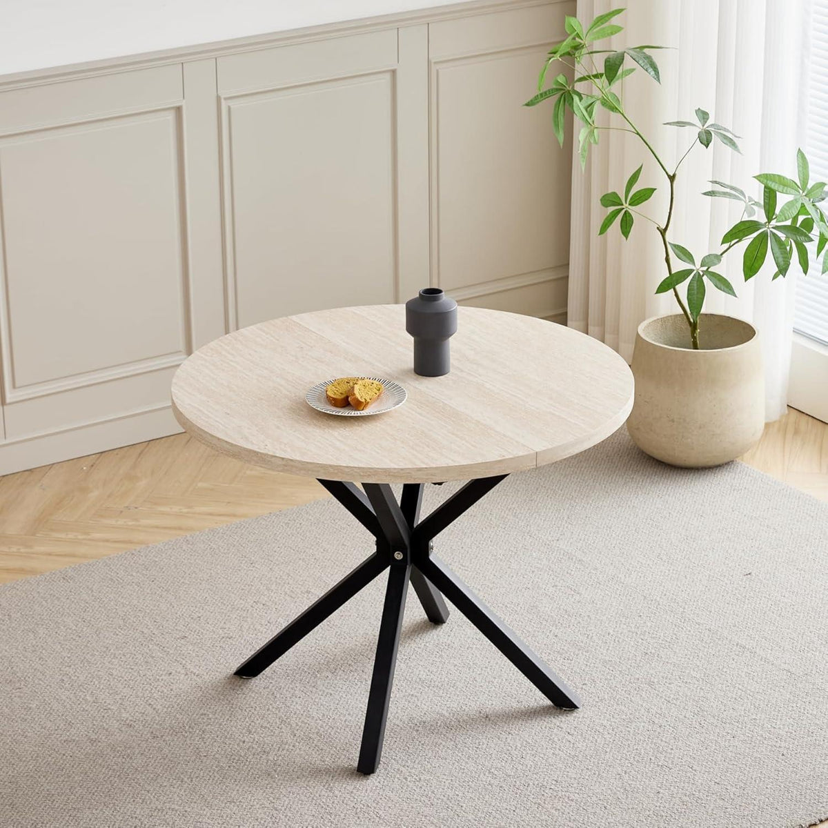 Runder Esstisch Set 100cm + 4 Moderne Leinenstühle (Gelb/Blau)