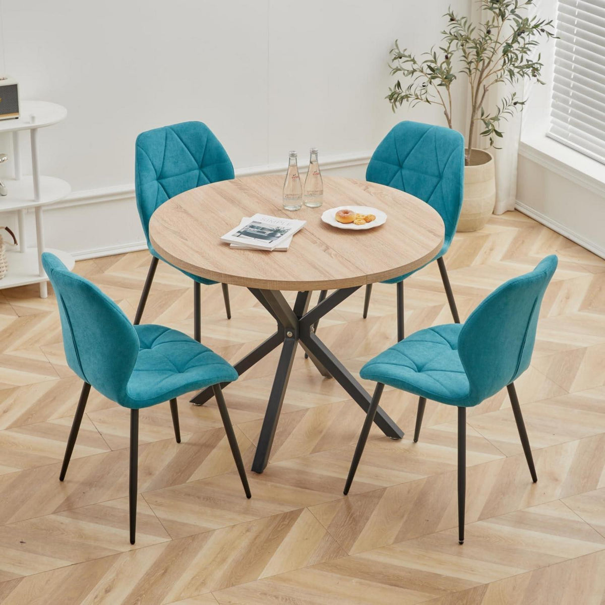 Runder Esstisch Set 100cm mit 4 modernen Leinenstühlen