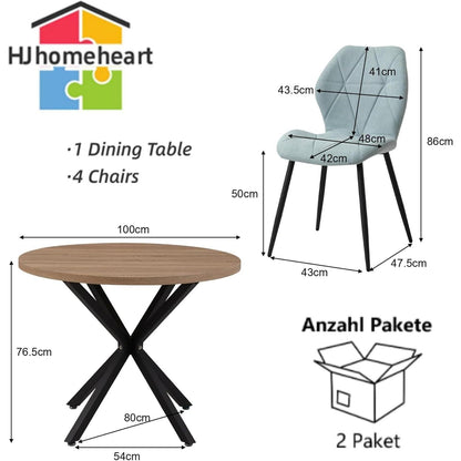 Runder Esstisch 100cm mit 4 modernen Leinenstühlen (Dunkel+Mint)