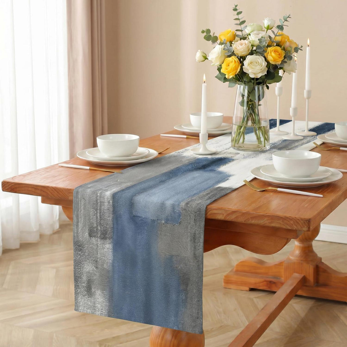 Tischläufer Leinen abstrakt Landhausstil weiß 40x140 cm