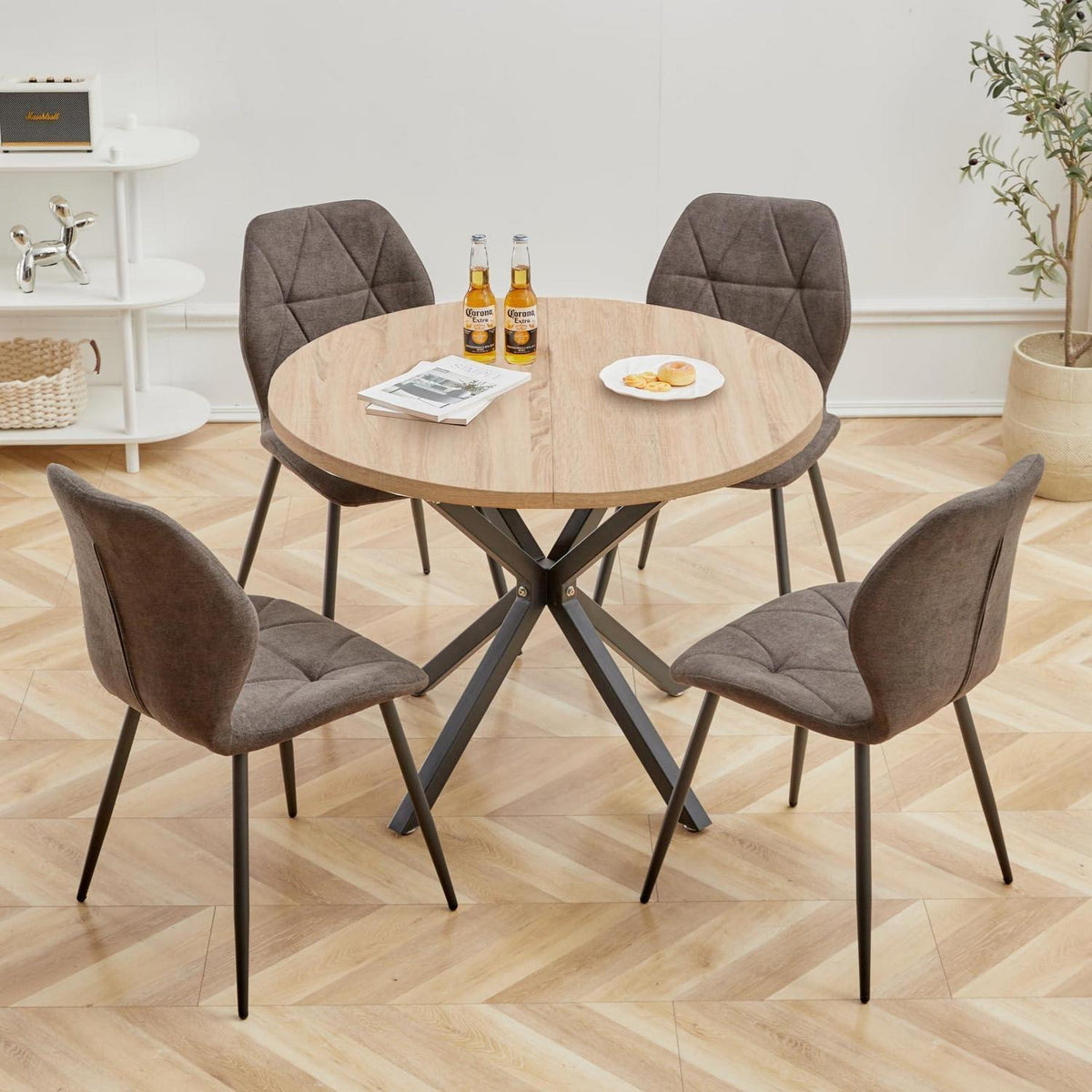 Runder Esstisch Set 100cm mit 4 modernen Leinenstühlen