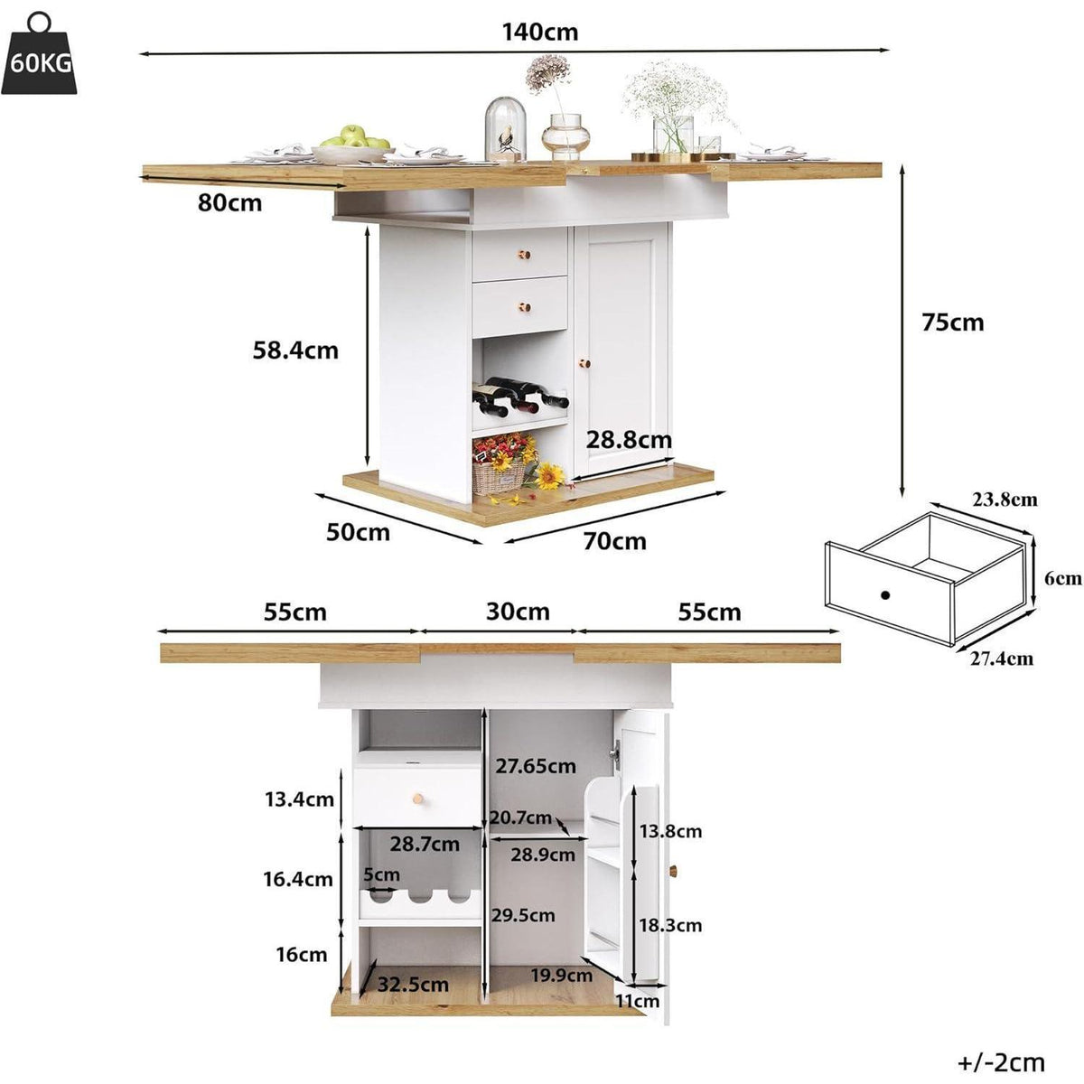 Ausziehbarer Esstisch Weiß & Holz mit Stauraum (110-140x80cm)