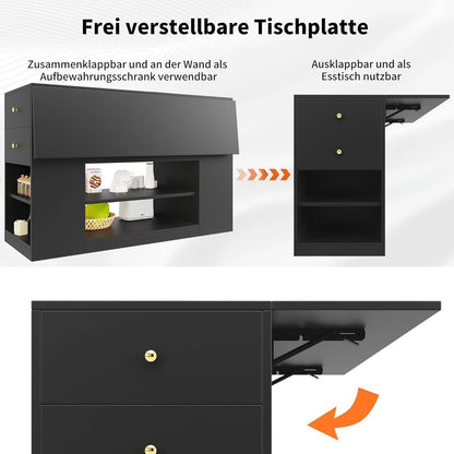 Klappbare Kücheninsel mit Schubladen & Regalen, Schwarz