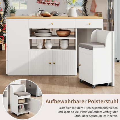 Verstellbare Kücheninsel mit Barhockern & Stauraum Weiß