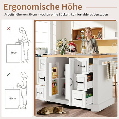Rollbare Kücheninsel mit 2 Türen & 6 Schubladen, Weiß