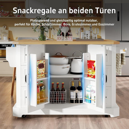 Rollbare Kücheninsel mit 2 Türen & 6 Schubladen, Weiß
