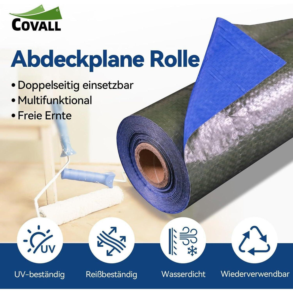 Wasserdichte Abdeckplane 1,8x30m – Grün/Blau, UV & Reißfest