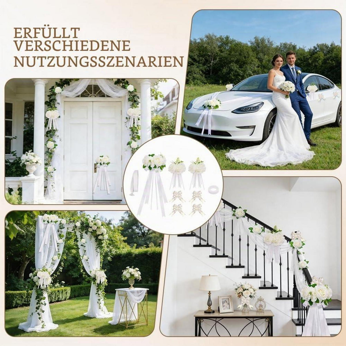 Hochzeitsauto Deko Set Weiß mit Rosen & Schleifen