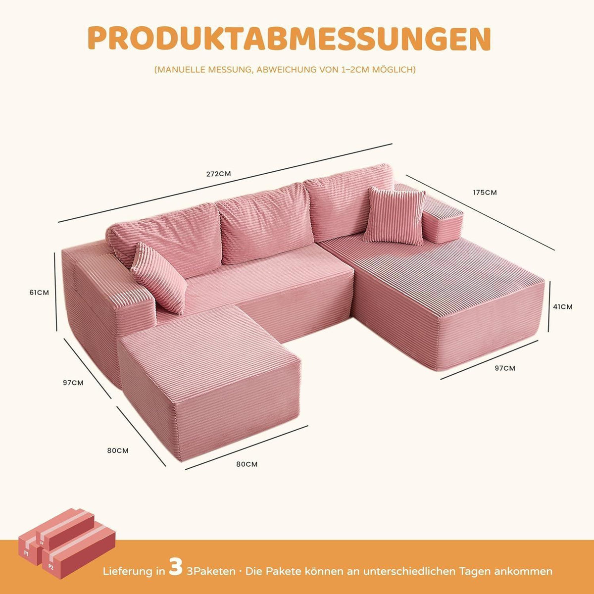 U-förmiges Schlafsofa 272cm mit Chaiselongue & weicher Recamiere