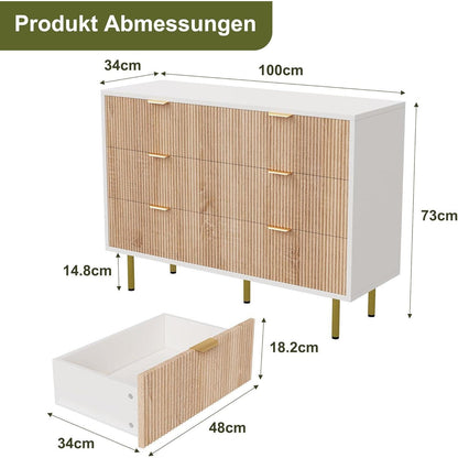 Kommode 6 Schubladen Holz Metallfüße Weiß Naturholz