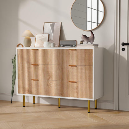 Kommode 6 Schubladen Holz Metallfüße Weiß Naturholz