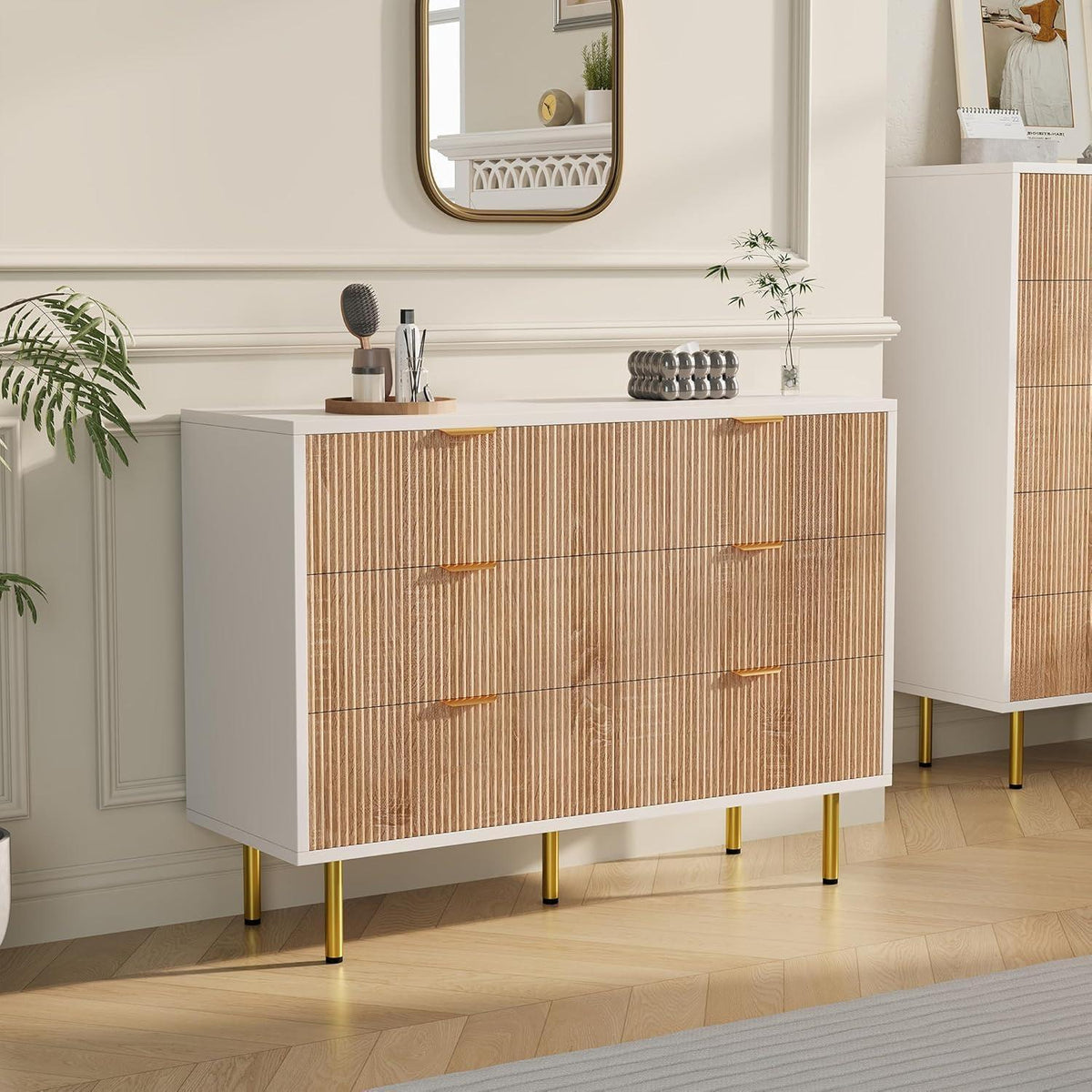 Kommode 6 Schubladen Holz Metallfüße Weiß Naturholz