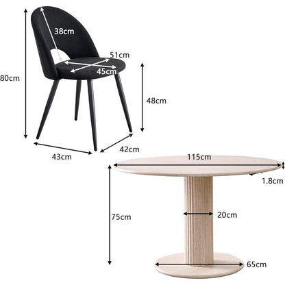 Runder Esstisch Set (115cm) mit 4 Stoffstühlen – Beige & Schwarz