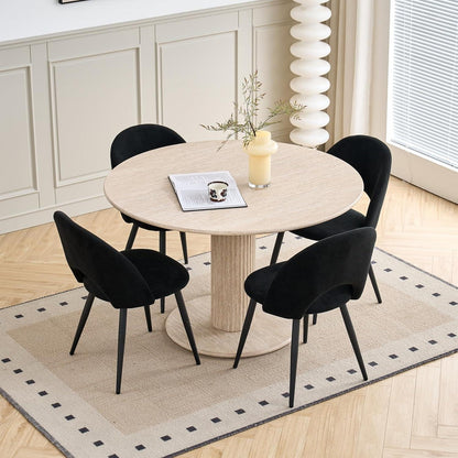 Runder Esstisch Set (115cm) mit 4 Stoffstühlen – Beige & Schwarz