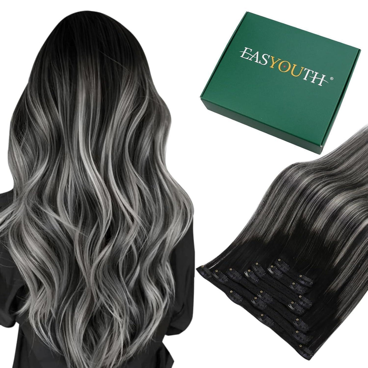 Clip-in Echthaar Extensions Schwarz Silber Ombre 40cm