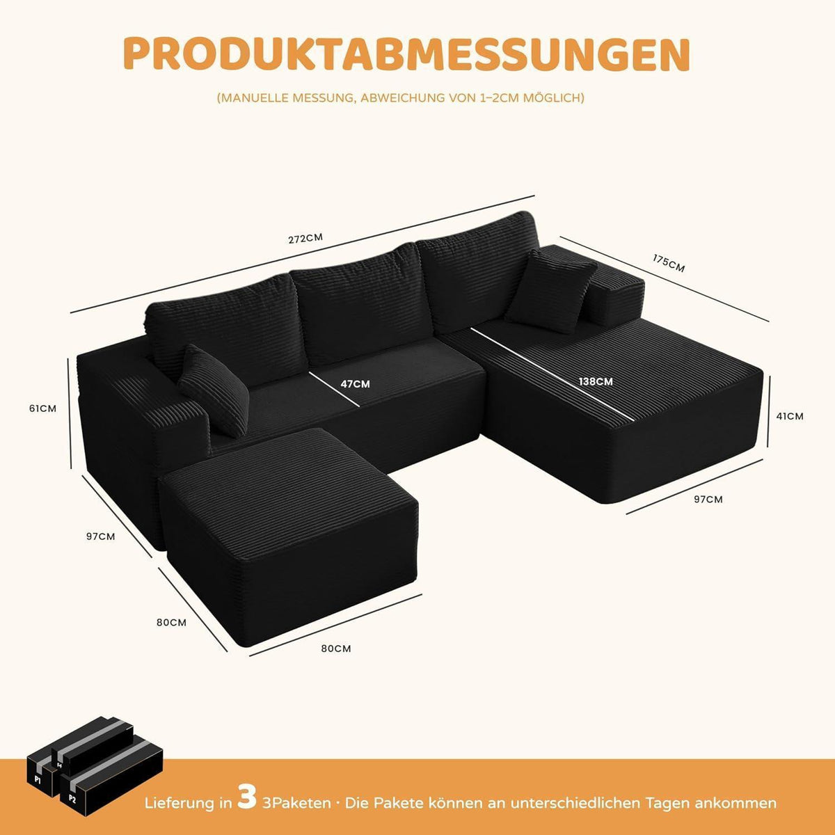 Modulares Ecksofa 272cm mit Schlaffunktion & Chaiselongue Links